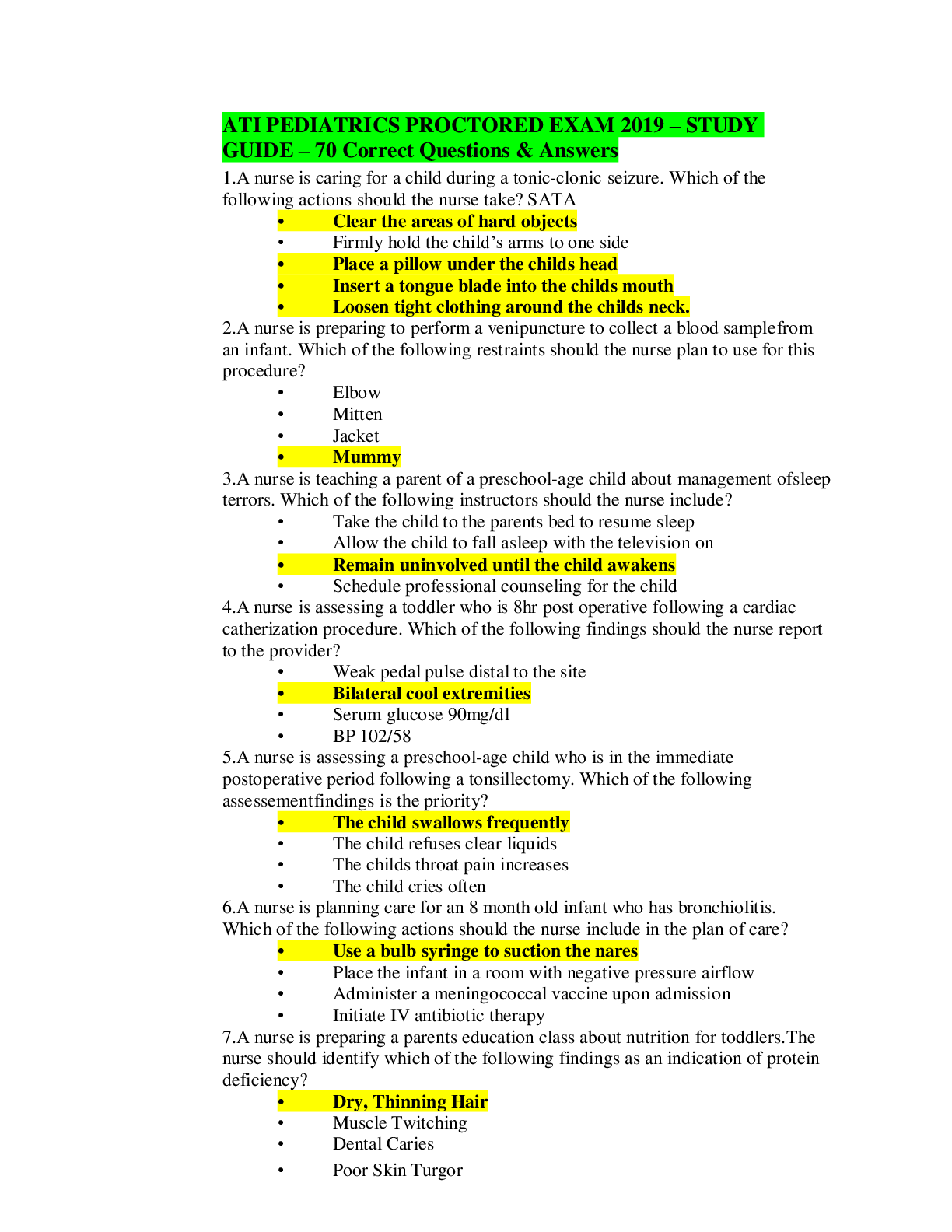 Preview of ATI PEDIATRICS PROCTORED EXAM 2019 STUDY GUIDE - 70 Correct Questions & Answers